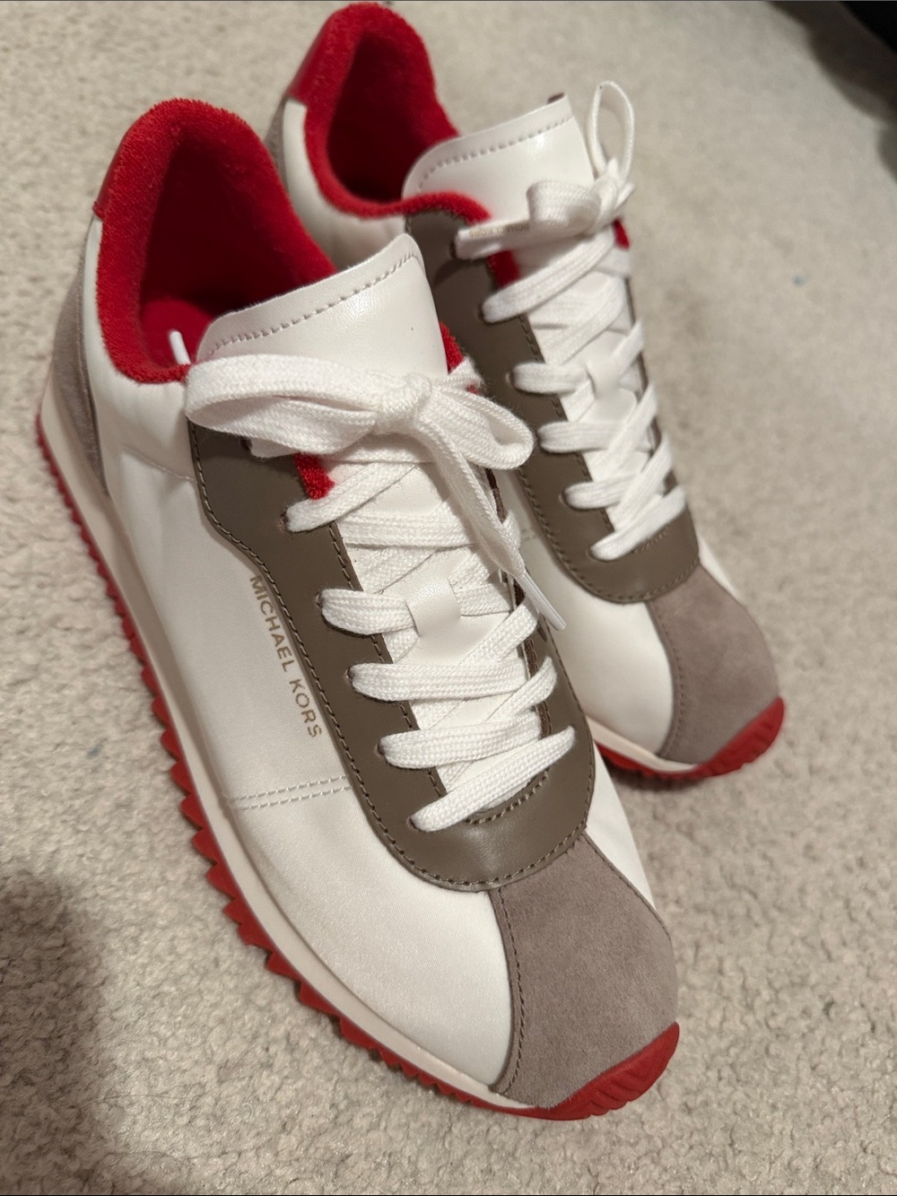Michael Kors White, Red and Taupe Leather & Suede Lace-Up Sneakers